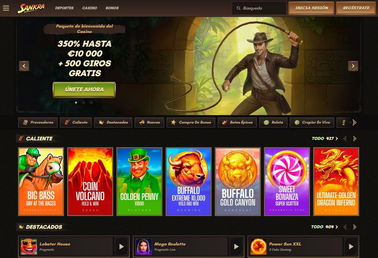 Sankra Casino — pantalla principal con tragamonedas y casino en vivo